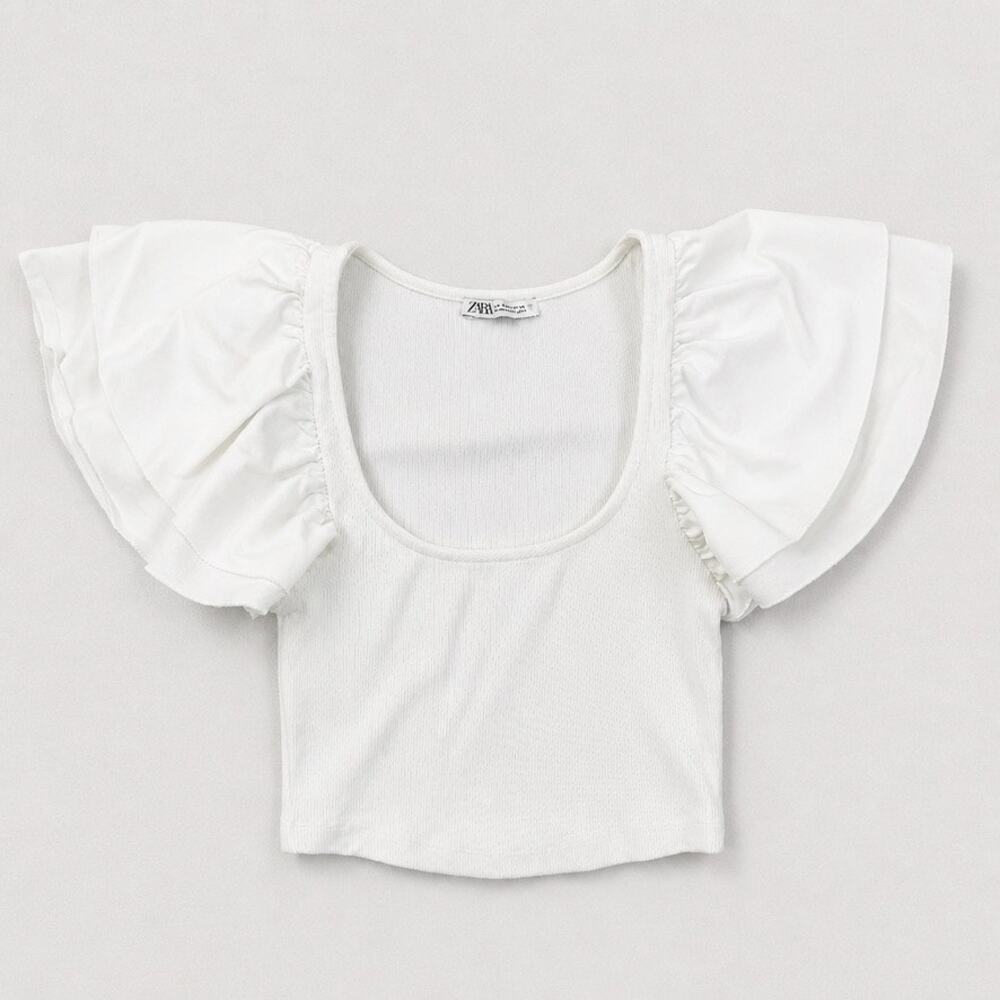 Zara Cloud Dancer Flutter Sleeve Scoop Neck Ribbed Crop Top Sz S Resort Coastal